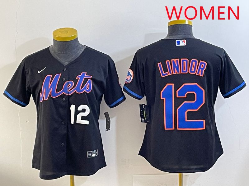 Women 2025 New York Mets 12 Lindor Black Game Nike MLB Jersey style 8